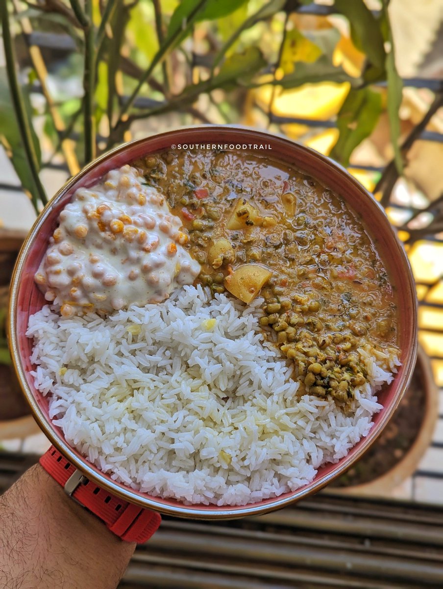 Rice,Green Moong Subzi & Boondi Raita Quick Recipe : Soak Green Whole Moong Overnight, Pressure Cook Next Day with Tomato & Potato To 3 whistles. Once cooked, Keep Aside, In Kadai Add oil, crackle jeera,add the dal mix, dry Masala,salt,Kasuri Methi. Give it a boil switch off…