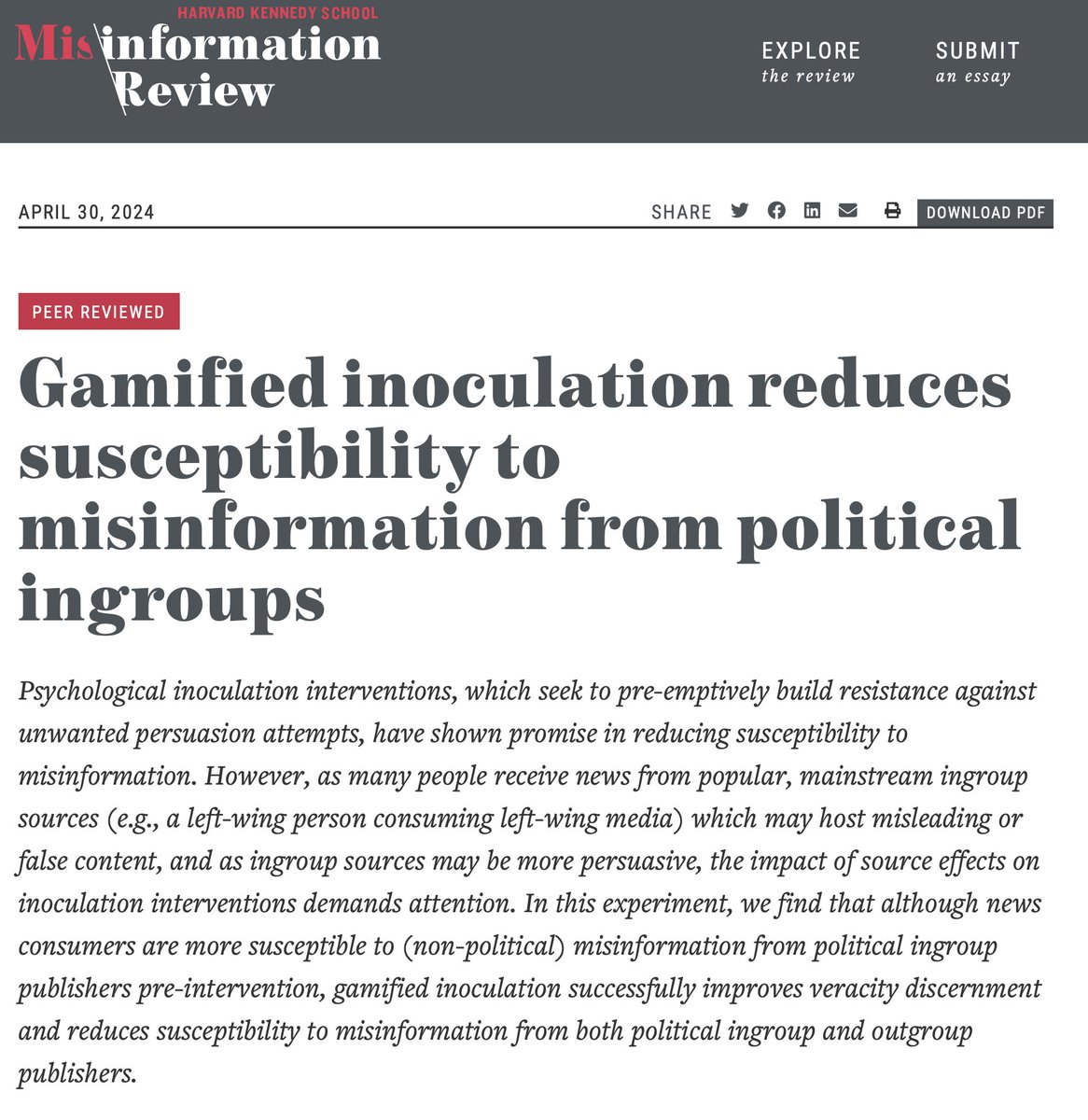 📢Excited to share our new paper in Harvard Kennedy School Misinformation Review with @roozenbot & @Sander_vdLinden📢 We explore the effectiveness of gamified #inoculation in reducing susceptibility to #misinformation from politically congenial outlets🎮 misinforeview.hks.harvard.edu/article/gamifi…