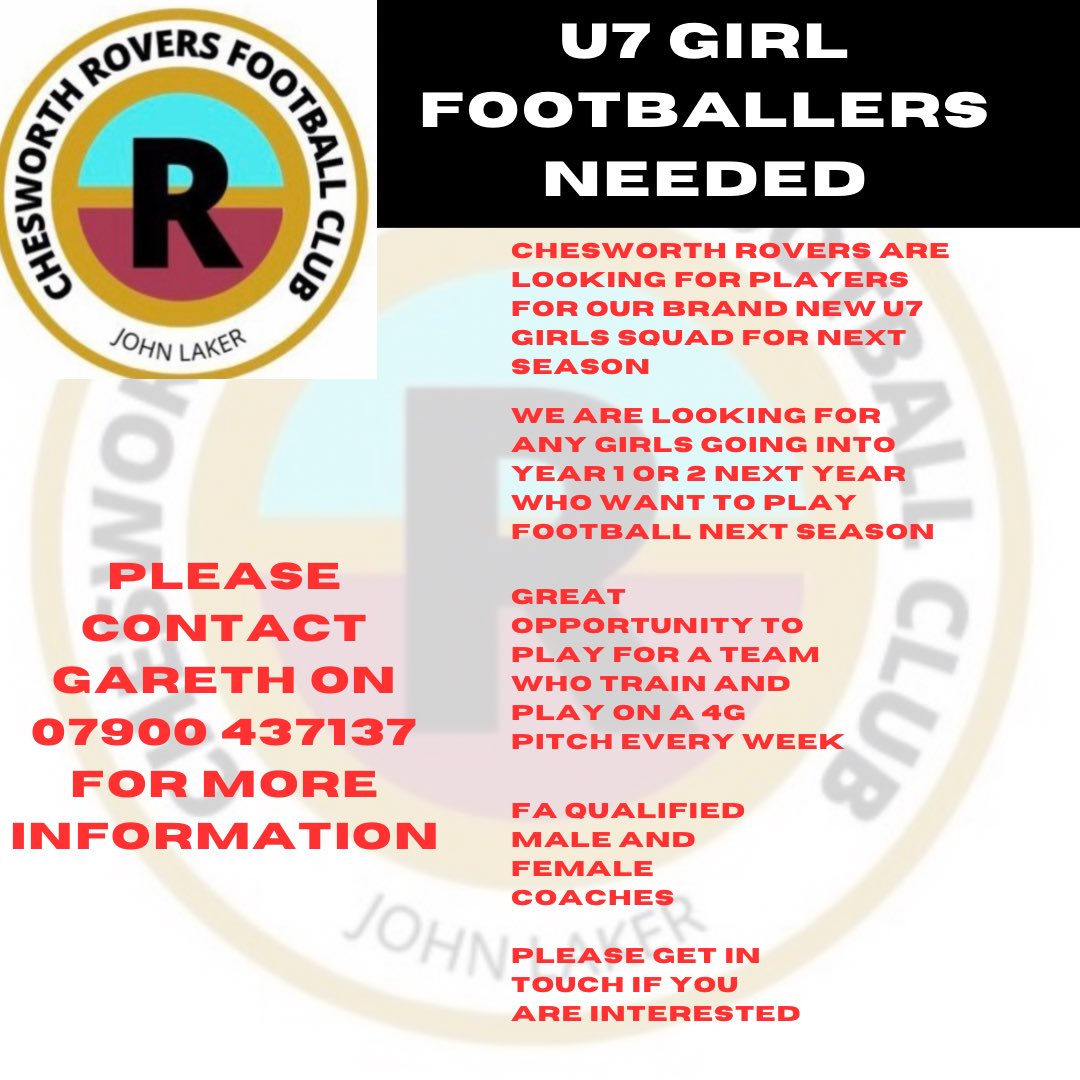 ⚽️NEW GIRLS TEAM⚽️ Chesworth Rovers are proud to announce we are starting a new u7 girls team for next season. If your daughter is going into years 1 or 2 next September and wants to play football please get in touch!