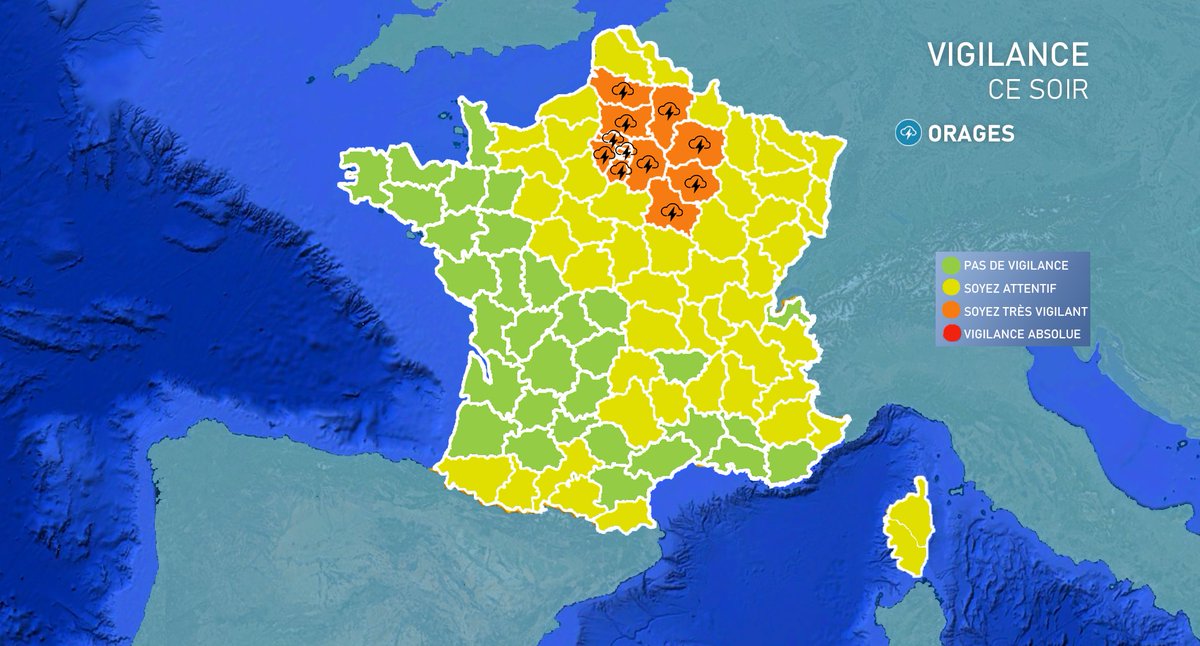 ⚠️VIGILANCE

CE SOIR
🟧 14 départements en vigilance orange
🟨 51 départements en vigilance jaune

🟠Paramètre en #vigilanceorange
⚡️Orages

🟡Paramètre en #vigilancejaune
🏔️Avalanches
💦Crues
🌧️Pluie-inondation