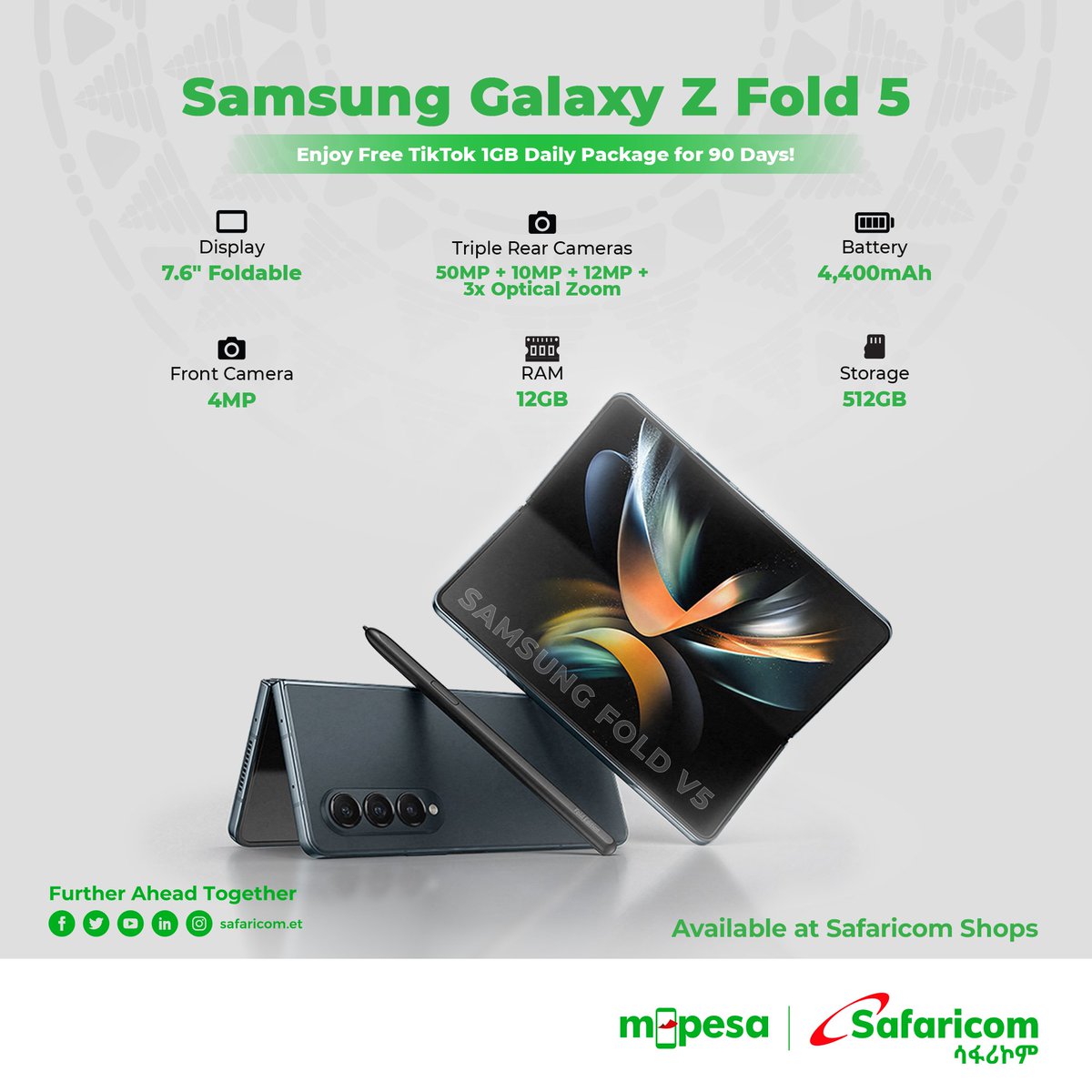 Happy Holidays! Unfold a world of possibilities at Safaricom Ethiopia even further! The next generation of folding phones, the Samsung Galaxy Z Fold 5, is here. Get yours today and unlock a massive screen, powerful performance, and a truly immersive experience.