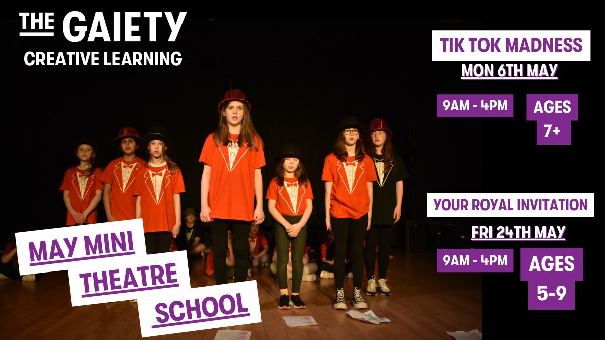 May Day Bank Holiday Theatre School! 🎭 Tik Tok Madness - ages 7+ 📅 Mon 6th May 2024 🎭 Your Royal Invitation - ages 5-9 📅 Fri 24th May 2024 To Book Email: creative.engagement@ayrgaiety.co.uk Join us for a one day event this May #whatsonayrshire #workshop