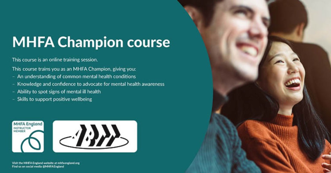 May is #MentalHealthAwarenessMonth and we've added a new #MHFA course which is now open for booking.

The MHFA England champion course runs on the 20 – 21 June between 10:00 am - 1:00pm.

Find out more and book here: abtt.org.uk/events/abtt-on…

#ABTT #ABTTtraining #MentalHealth