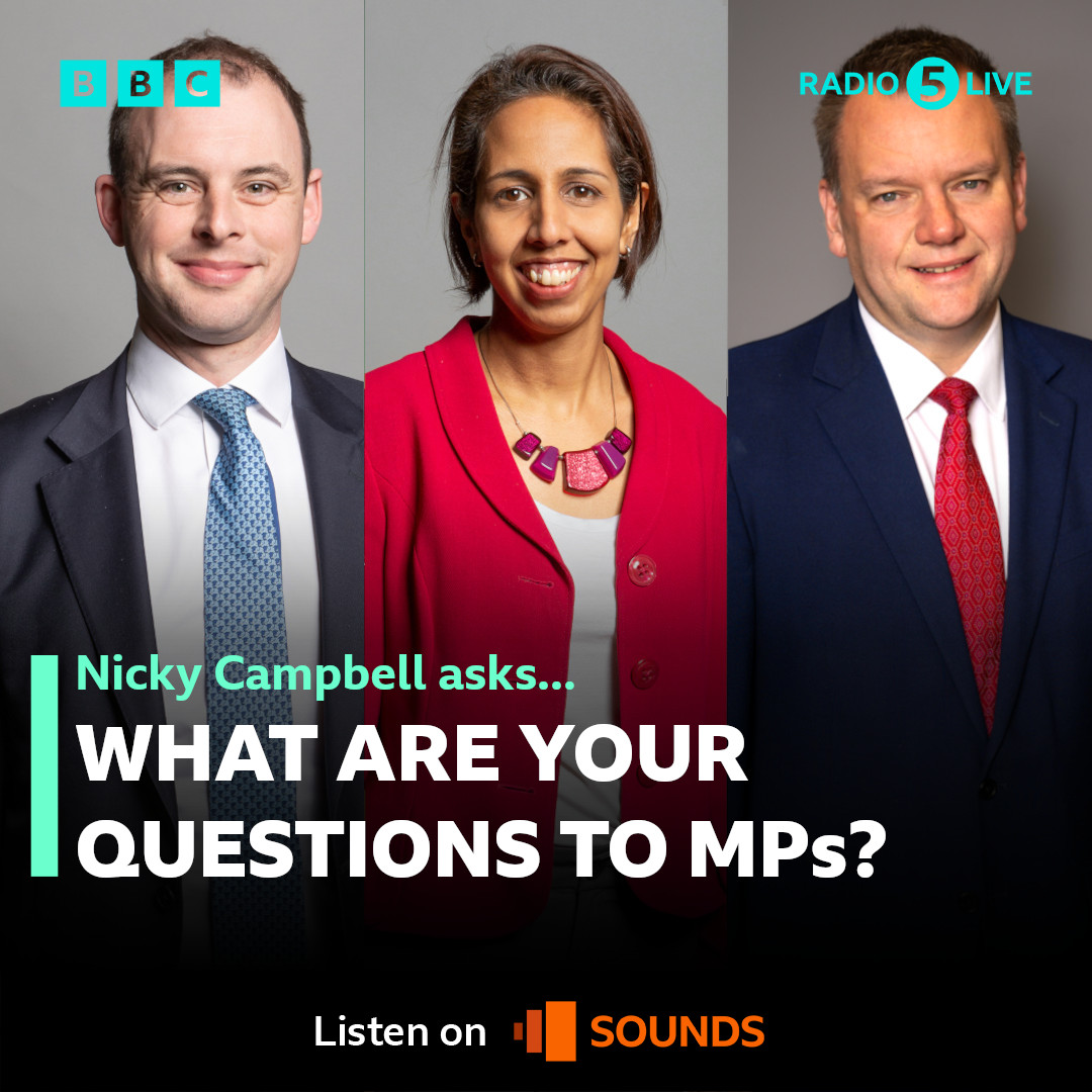 At 10am @NickyAACampbell is joined by MPs:

🔵 Conservative MP for Boston and Skegness @mattwarman 
🔴 Labour MP for Torfaen @NickTorfaen 
🟡 Lib Dem MP for Twickenham @munirawilson 

What do YOU want to ask them❓