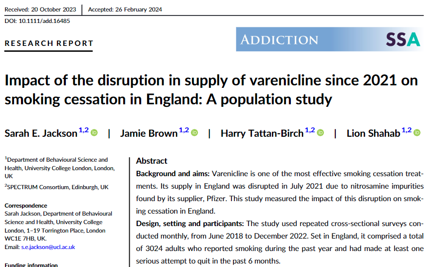 DrSarahEJackson's tweet photo. Varenicline (Champix) is one of the most effective smoking cessation treatments, but has been unavailable in England since mid-2021. Unsurprisingly, use in quit attempts rapidly fell to virtually zero.

We estimated the impact of this on quit rates.

https://t.co/IA1spdRZ5E https://t.co/latPoNlXcp