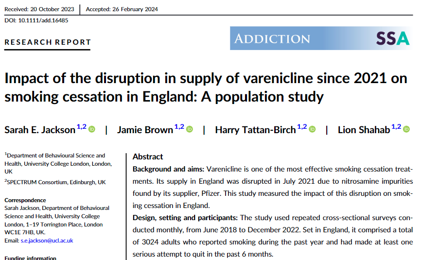 Varenicline (Champix) is one of the most effective smoking cessation treatments, but has been unavailable in England since mid-2021. Unsurprisingly, use in quit attempts rapidly fell to virtually zero.

We estimated the impact of this on quit rates.

onlinelibrary.wiley.com/doi/10.1111/ad…