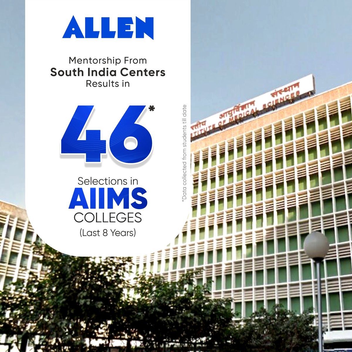 🎉 ALLEN South India celebrates an incredible milestone with 46 Selections in AIIMS Colleges ( Last 8 Years ) 

✨Kudos to our dedicated students and our excellent faculties for making this possible!  

#ALLENSouthIndia #ALLENSuccess #Futuredoctors #46MedicalSelections #AIIMS