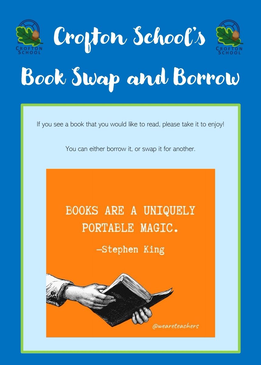 CroftonEnglish's tweet photo. Our @SchoolCrofton Book Swap and Borrow is now available from our reception!

If you see a book that you would like to read, you can borrow it or swap it for a book of your own 📚

#croftonschool #communityreading #bookswap #readingforpleasure https://t.co/DNK2RvPznp