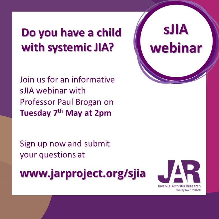 JARProject's tweet photo. If your child is affected by the subtype of JIA known as #systemicJIA or #sJIA (sometimes also called juvenile onset Still's disease), then join us for this informative webinar with Professor Paul Brogan on Tuesday 7th May at 2pm.
Register now at https://t.co/zXJhC8RtjA
#ThinkJIA https://t.co/DW1WmJTRgJ