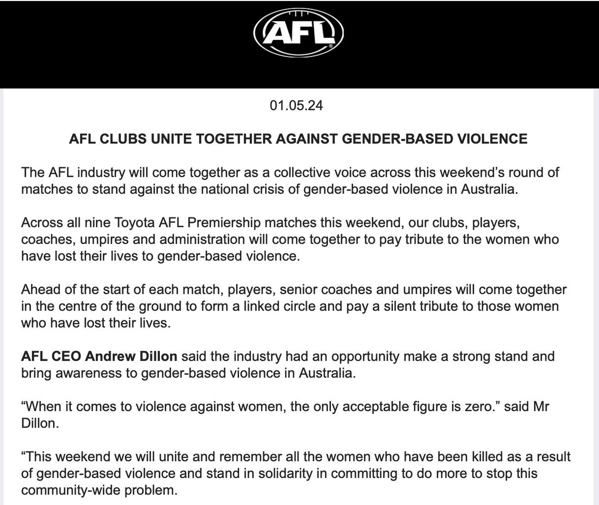 #BREAKING The AFL have released a statement on the gender-based violence in Australia. All players, coaches and umpires will form a circle to pay tribute for women that have died before every game this round | @6NewsAU