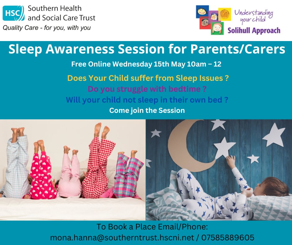 Sleep Awareness Session for Parents/Carers
Free Online session
📅 Wednesday 15th May
🕙 10am – 12

📍To Book a Place Email/Phone:
📧 mona.hanna@southerntrust.hscni.net / 07585889605

#teamSHSCT