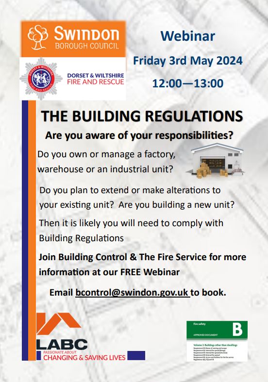 This Friday 3 May is Swindon Borough Council's FREE webinar on 'Building Fire Regulations' Email bcontrol@swindon.gov.uk to book your place now!