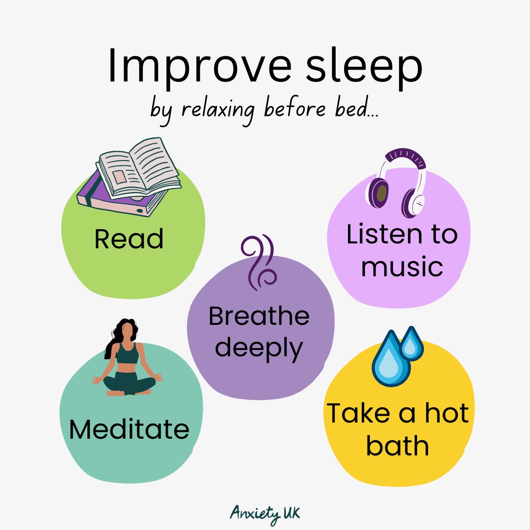 A lack of sleep has been shown to increase anxiety levels, here are somethings you can do before bed to help you sleep better... ➡️Read ➡️Deep breathing ➡️Listen to calming music ➡️Meditate ➡️Take a hot bath OR prepare a hot water bottle for bed #improvesleepwhenanxious