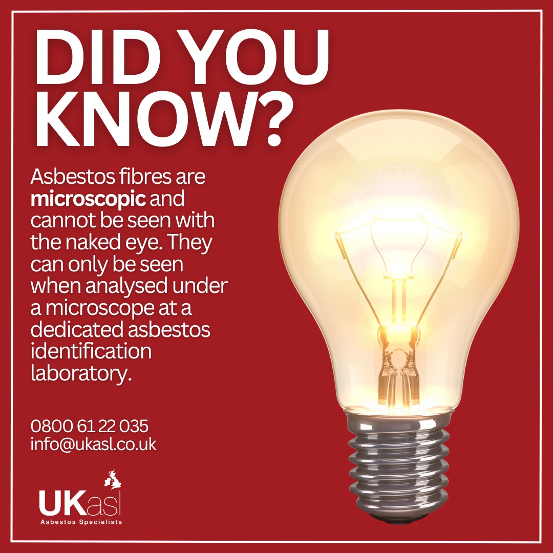 Asbestos fibres are microscopic and cannot be seen with the naked eye. They can only be seen when analysed under a microscope at a dedicated asbestos identification laboratory.

0800 61 22 035 
info@ukasl.co.uk
ukasl.co.uk

#asbesto
#asbestosawareness