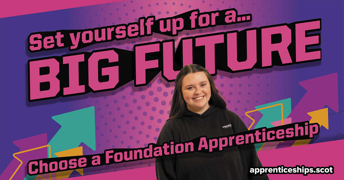 Set yourself up for a big future! 😎

Choose a #FoundationApprenticeship as a senior phase school subject and get industry experience and a qualification equivalent to a National 5 or Higher. 

More info and apply 
➡️ ow.ly/yjlM50R2fS7