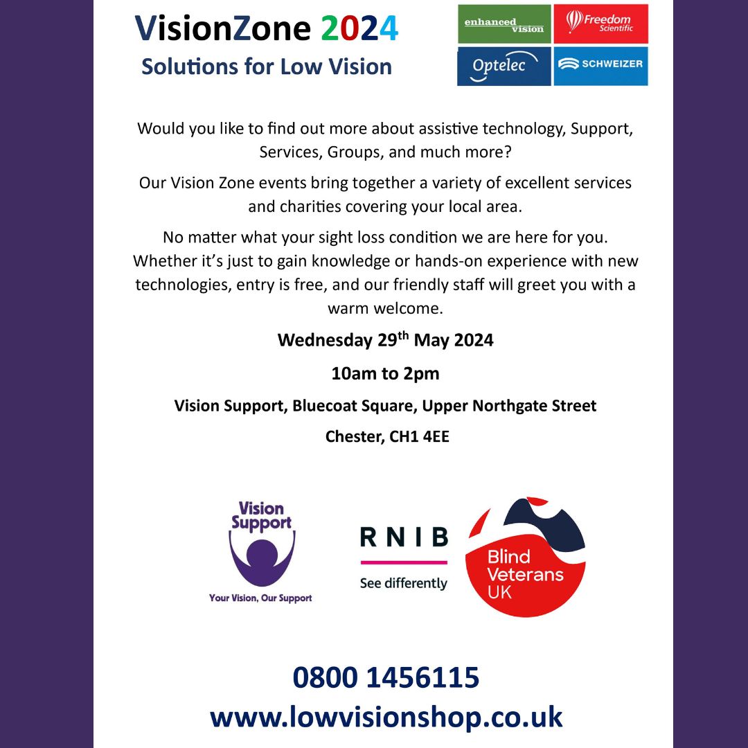 The next VisionZone event is coming up this month in #Chester on the 29th of May, come along to learn about services, support & assistive technology for people with a #VisionImpairment #LowVision. 10am - 2pm. #VisionSupport Bluecoat Square, Upper Northgate Street, Chester CH1 4EE