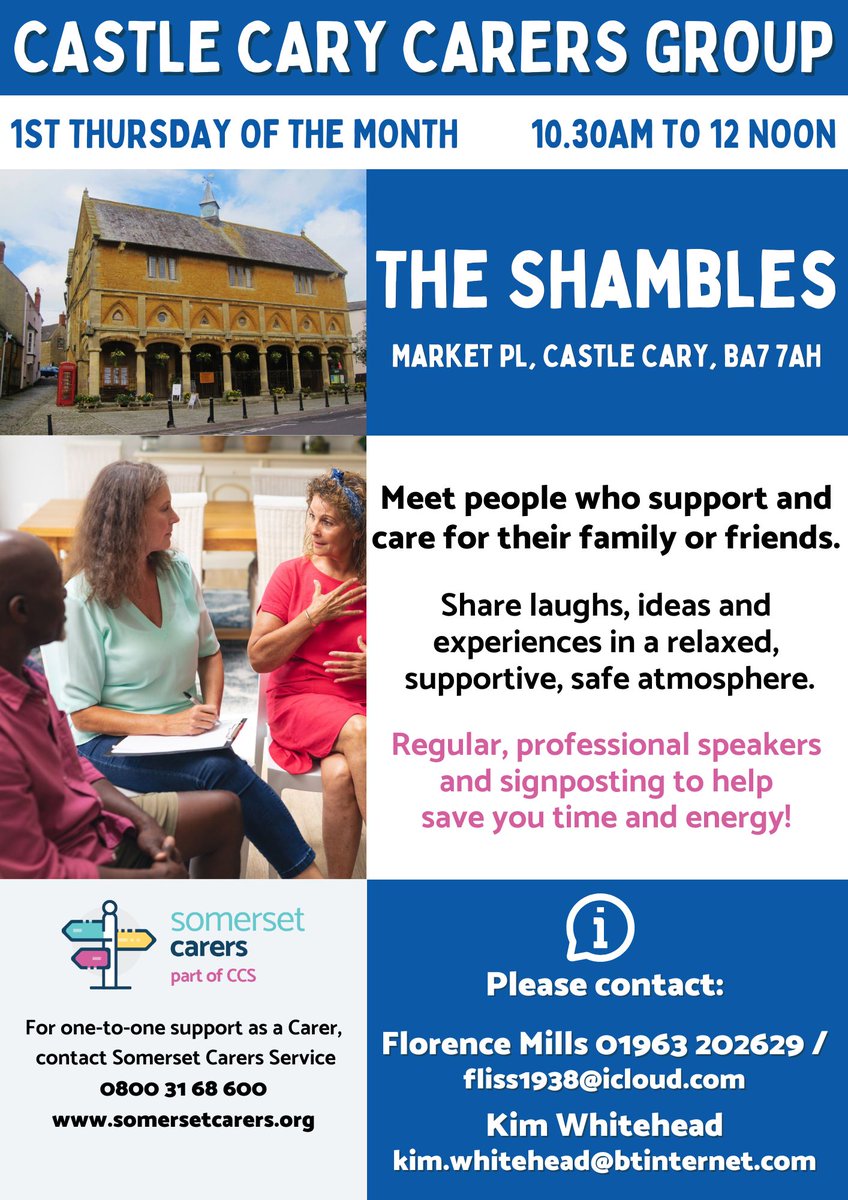Thursday's Somerset Carers Group is in Castle Cary starting at 10.30am. 

👀 This week the group will meet in The George Hotel, rather than The Shambles, due to polling. 👀

#somersetcarers #carersupport #CastleCary