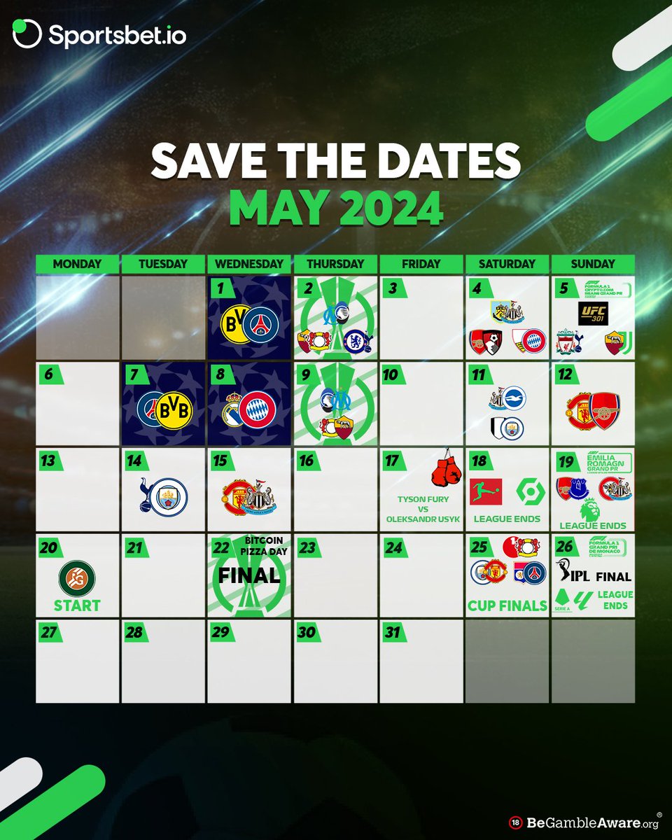 May is here and so is the adrenaline rush! 😎

#Sportsbetio's Calendar is your golden ticket to a month packed with heart-pounding action and unforgettable moments!