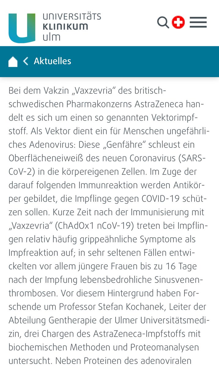 @SHomburg Siehe auch: „Bei dem Vakzin ‚Vaxzevria‘ … handelt es sich um einen sog. Vektorimpfstoff. Als Vektor dient ein für Menschen ungefährliches [?!?] Adenovirus. Diese ‚Genfähre‘ schleust … .“ uniklinik-ulm.de/aktuelles/deta…