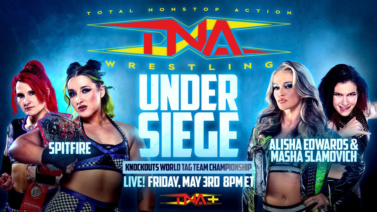 The Knockouts World Tag Team Championships are on the line at #UnderSiege as the punk rock duo of Spitfre defend against @MrsAIPAlisha & @MashaSlamovich! Stream #UnderSiege LIVE May 3rd on TNA+ and YouTube for Ultimate Insiders! #TNAiMPACT 🇬🇧 #TNAUK