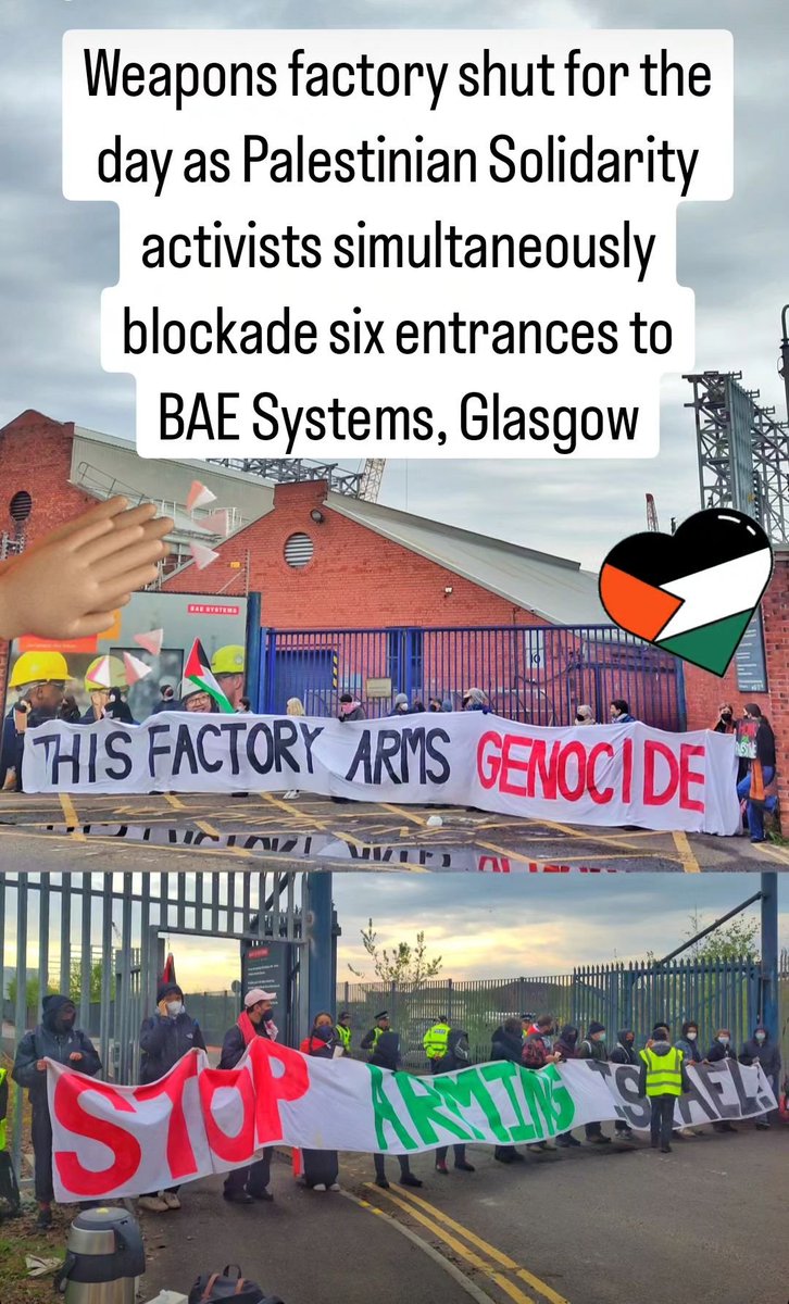 Just left the blockades on Govan Road, Glasgow, where BAE Workers have been sent home for the day after Palestine activists blockaded six gates to the factory! 💪🏾💪🏿💪🏻💪🏼🇵🇸 #PalestineGenocide #GazaWar #ArmsEmbargoOnIsrael