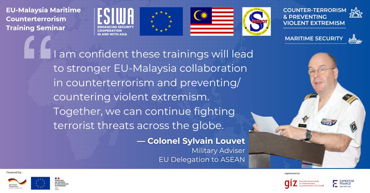 🙏 Thank you Col Sylvain Louvet, Military Adviser, EU Delegation to ASEAN, for addressing our EU-Malaysia Maritime #Counterterrorism Training for Security Practitioners in Sabah. 🗞 Press release 👉 eeas.europa.eu/delegations/ma… 🤝 Organised @EUinMalaysia + @searcct2003 + @ESIWA_EU