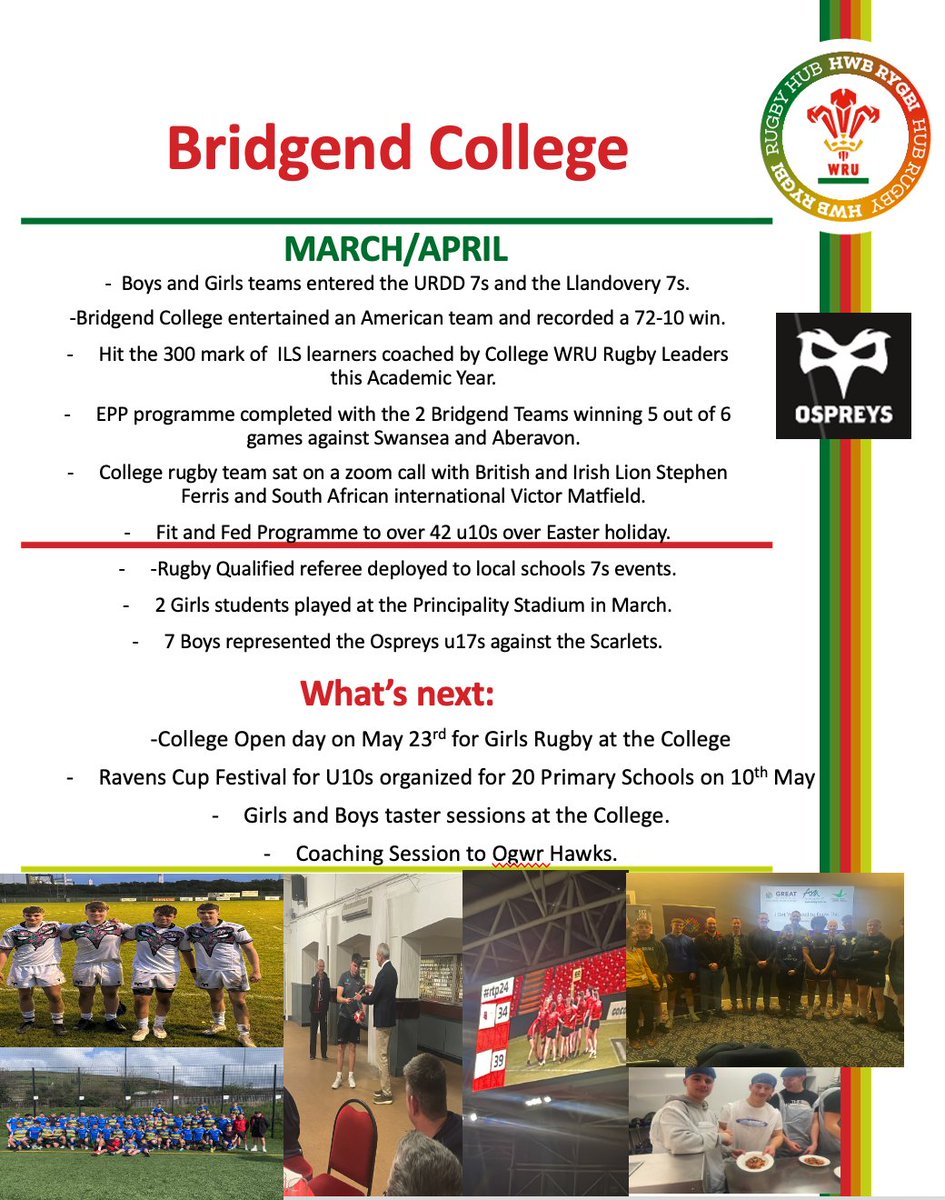 Another busy few weeks @BridgendCollege 🏉🏴󠁧󠁢󠁷󠁬󠁳󠁿 @WRU_Community @BridgendRugby , with some exciting events coming in May.