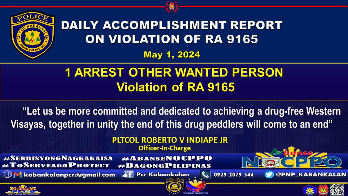 KABANKALAN CCPS DRUG OPERATIONAL ACCOMPLISHMENT ON MAY 1, 2024

#PNPKakampiMo
#WeServeAndProtect
#SerbisyongNagkakaisa
#SerbisyongNagkakaisaParasaBagongPilipinas