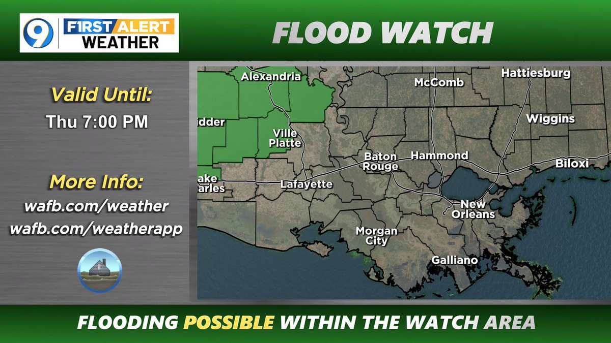 A FLOOD WATCH has been issued for the areas in green. More >> wafb.com/weather?utm_me… #LAwx