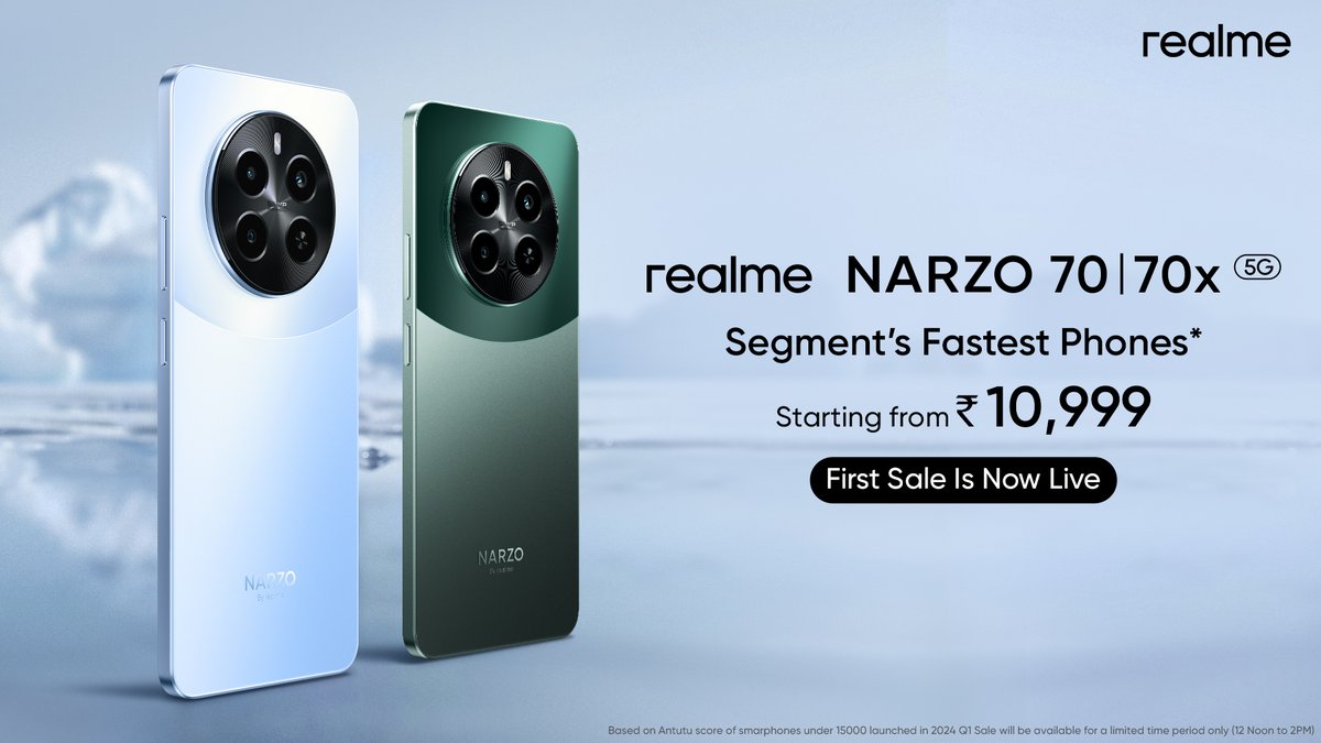 Perform every task super fast with the realme NARZO 70 series 5G! Reach out fast for the segment’s fastest phones starting from Rs. 10,999* First Sale Is Now Live! *T&C Apply Buy Now On @amazonIN: amzn.to/3wdxNPu