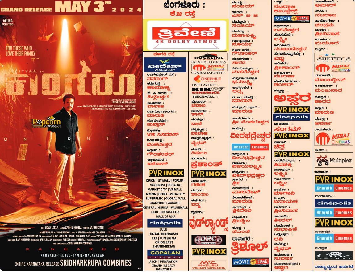 #Kangaroo in cinemas May 3rd.

@aditya_deadly @Ranjani2903 @PRO_SVenkatesh
#Aditya #Popcornkannada #RanjaniRaghavan  #KishoreMegalamane #SadhuKokila #udayleela #shivamani