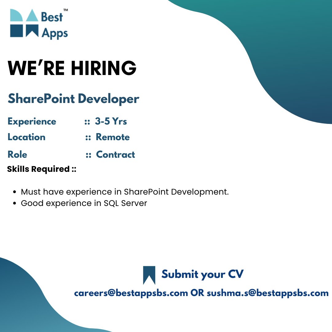 Best Apps Business Solutions Pvt Ltd™ is hiring SharePoint Developer

Share with us your updated CV at careers@bestappsbs.com / sushma.s@bestappsbs.com

#recruitment #programming #jobseekers #techjobs #jobvacancy #jobopportunity #technolog #developer