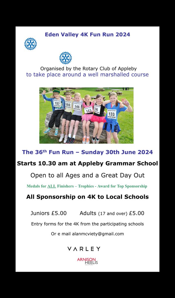 The Rotary Club of Appleby Eden Valley 4k Fun Run Sunday 30th June. orlo.uk/Ahe7V