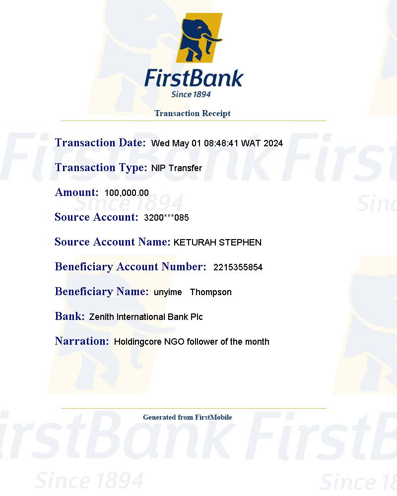 Congratulations Mrs Unyime (@DEDesire_grill ) for emerging Facebook Follower For The Month Of April!!! Here's a receipt of 100,000 Naira to you from Holdingcore NGO Foundation.