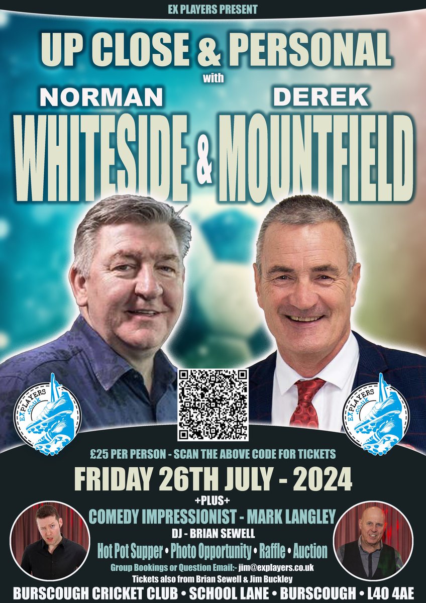 Norman Whiteside & Derek Mountfield. Hot Pot Supper inc Friday 26th July 2024 Burscough Cricket Club. Tickets £25 Entry 7.15pm VIP £35. VIP Early Access 6.45pm, premium seats, meet & greet plus digital photo with Guest Speakers ticketsource.co.uk/ex-players-ltd… @NormanWhiteside
