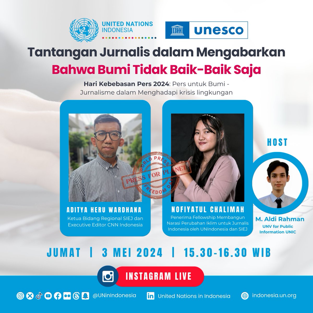 Hai, Sobat UN! Dalam rangka memperingati “Hari Kebebasan Pers Sedunia” tahun 2024, @UNIndonesia mengadakan bincang-bincang di Live Instagram yang bertajuk “Tantangan Jurnalis dalam Mengabarkan Bahwa Bumi Tidak Baik-Baik Saja” bersama dengan beberapa pembicara ahli di bidang…