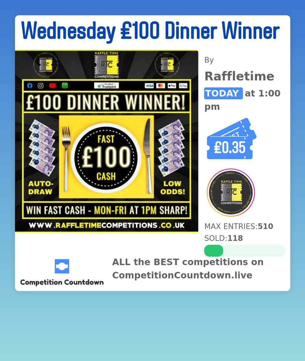 Check out this competition on competitioncountdown.live ! 
Wednesday £100 Dinner Winner
 Competition Countdown does not run any competitions, we just show you all the best one is one place! 🔥🔥 WOW 👀 
 
 #cash #winmoney #competitioncountdown #competition_countdown #ukraff...