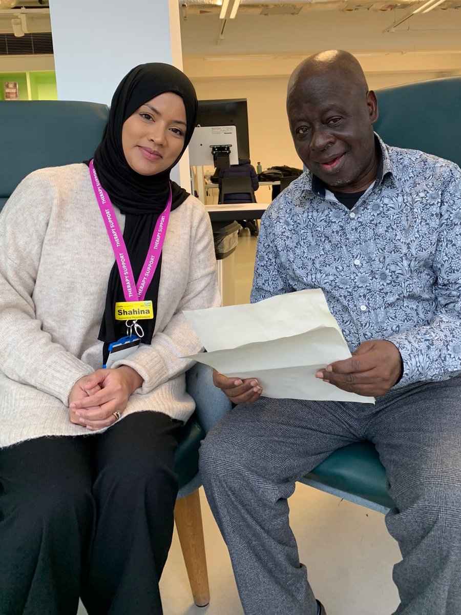 Poetry in motion. Babatunde had a stroke last June that impacted his ability to read, write and speak. With support from @NHSBartsHealth occupational therapist Kayla and rehabilitation support worker Shahina, he is well on the road to recovery. #StrokeAwarenessMonth 1/2