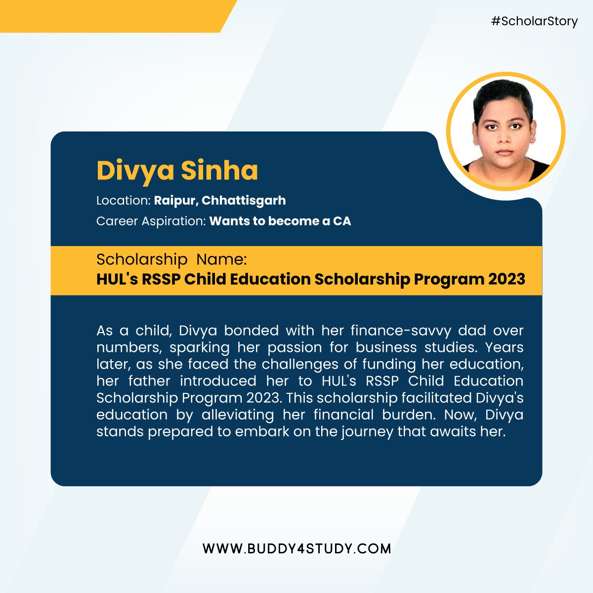Parents, ignite the flame in your child. Nurture curiosity and dialogue. Meet Divya, a testament to nurturing, supported by #HUL's RSSP Scholarship 2023. Empower your child's dreams. #Buddy4Study #Scholarstory #Ambition #CA #Business #Commerce