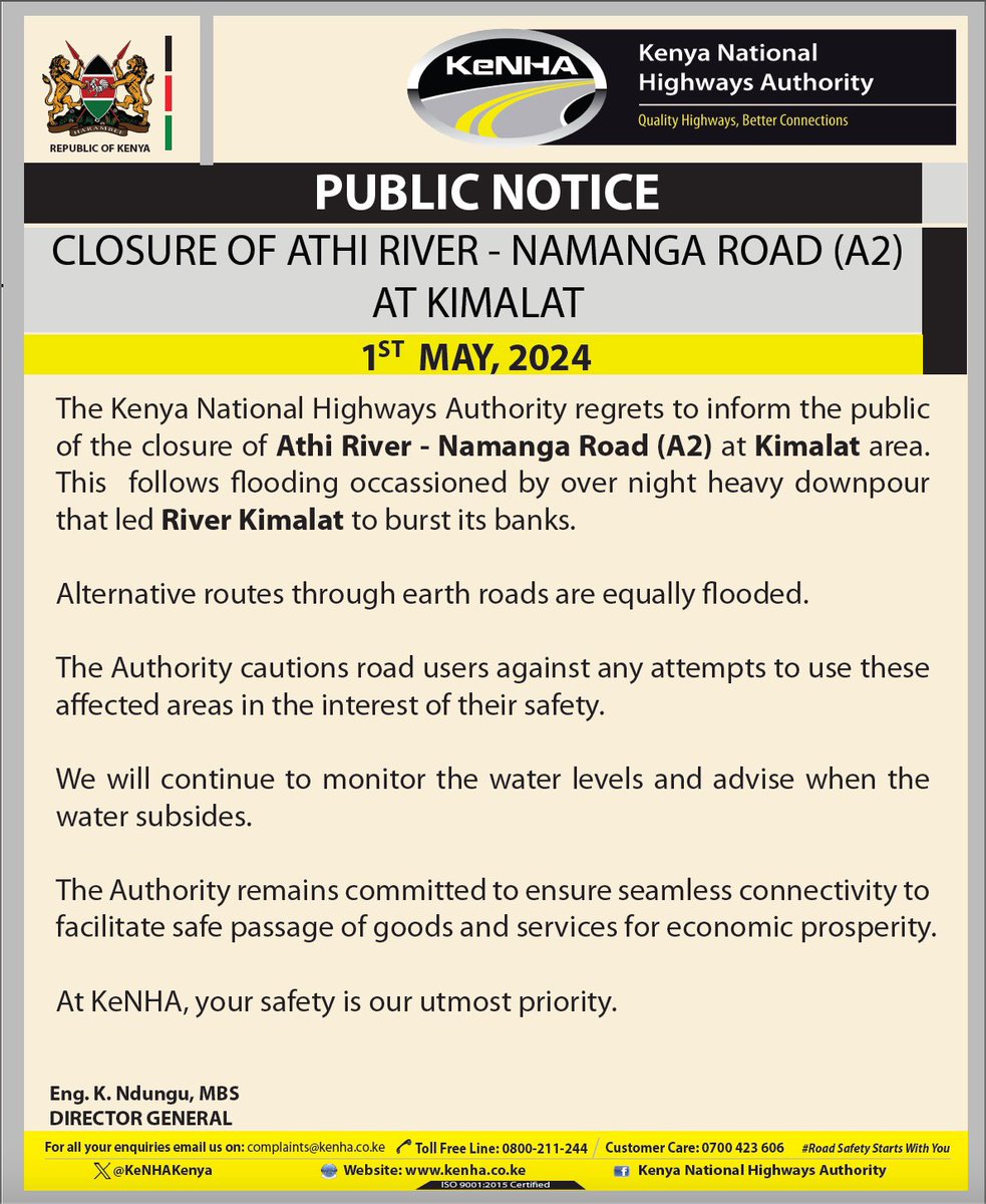 Closure of Athi River - Namanga Road (A2) at Kimalat