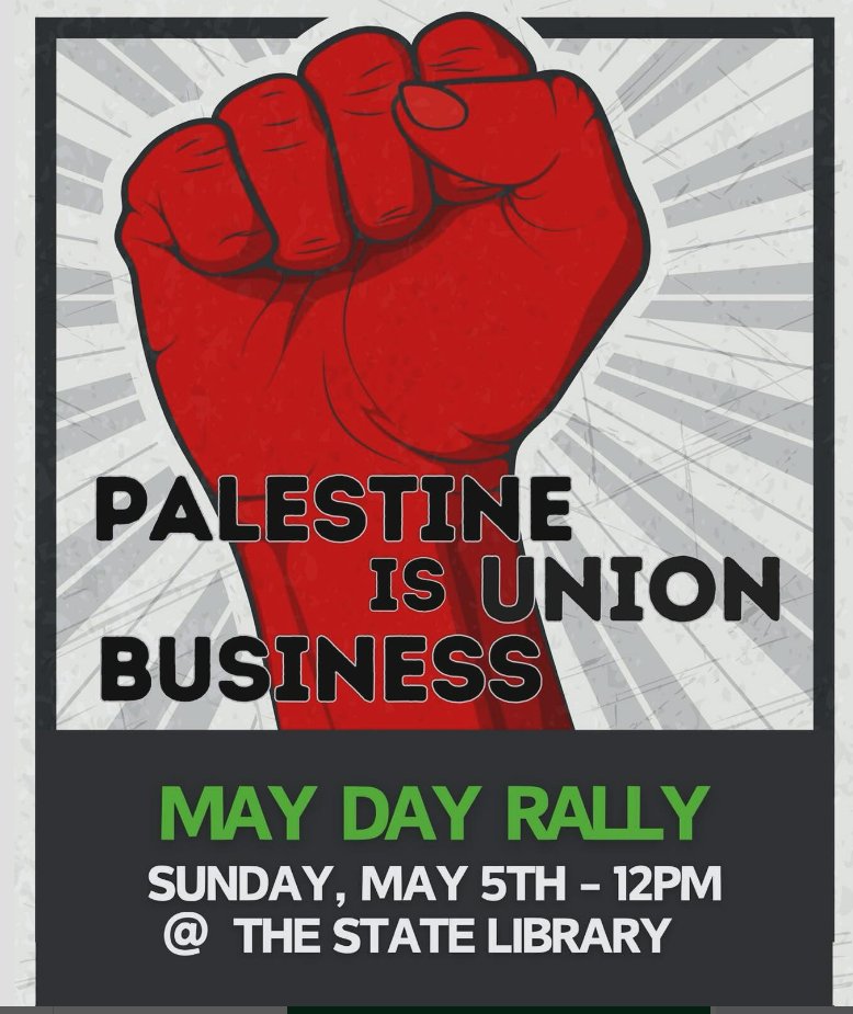 PALESTINE IS UNION BUSINESS 🇵🇸✊🏼 Trade unions have a tradition of fighting against apartheid & war Today is May Day, a day for working class struggle. This Sunday May 5th 12PM, the Melbourne Palestine rally will march to Trades Hall from State Library & lead the May Day rally