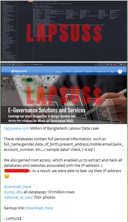 H4ckmanac's tweet photo. ⚠️ #DataLeak Alert ⚠️

🇧🇩#Bangladesh: The LAPSUS$ hacking group claims to have breached Tappware Solutions Limited: 101 million customer records and more than 700 ID cards allegedly leaked.

According to the post, the exfiltrated data contains information such as full name, gender, date of birth, present address, mobile, email, bank account number, etc.

The confirmation or denial of these claims has yet to be verified.

#DataBreach