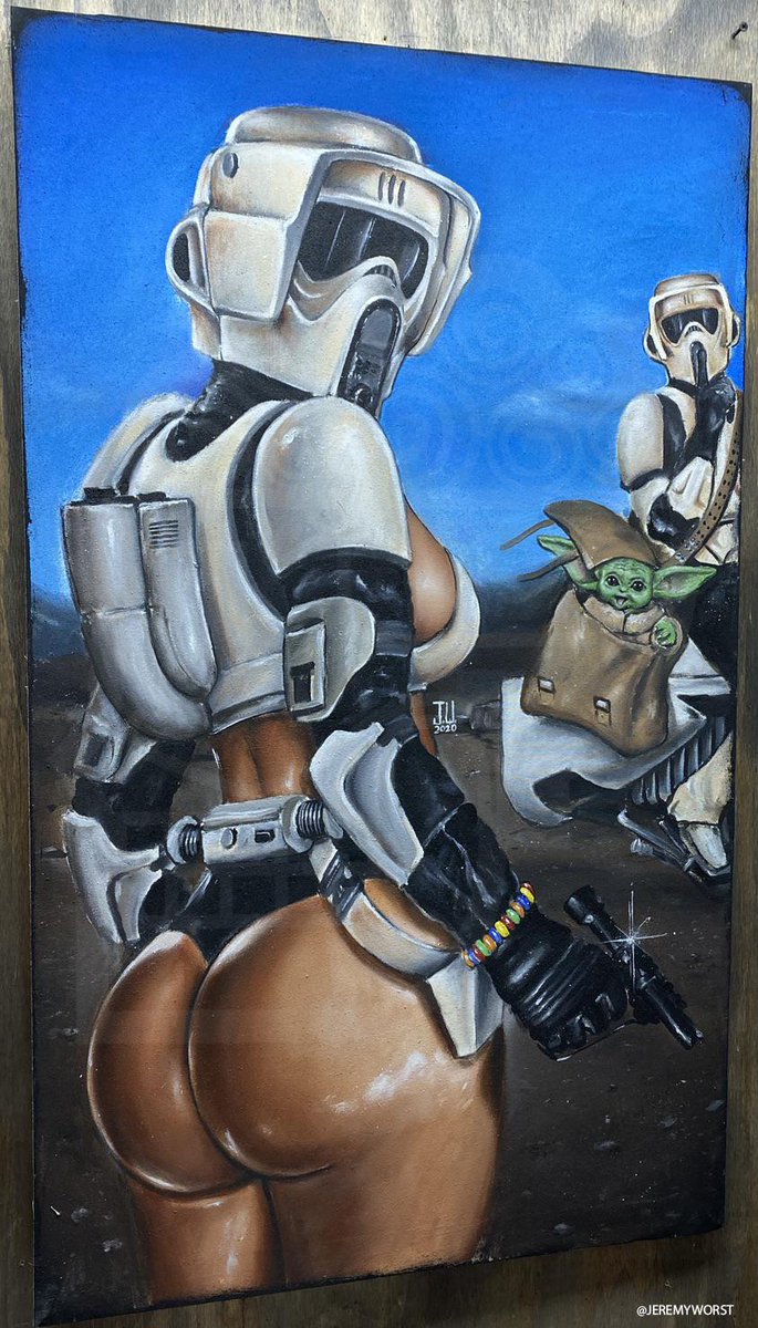 This my version of the Scene in The Mandalorian where the Scout Troopers kidnapped Grogu. 

Acrylics 40'x24' 2020 
May the 4th be with you!