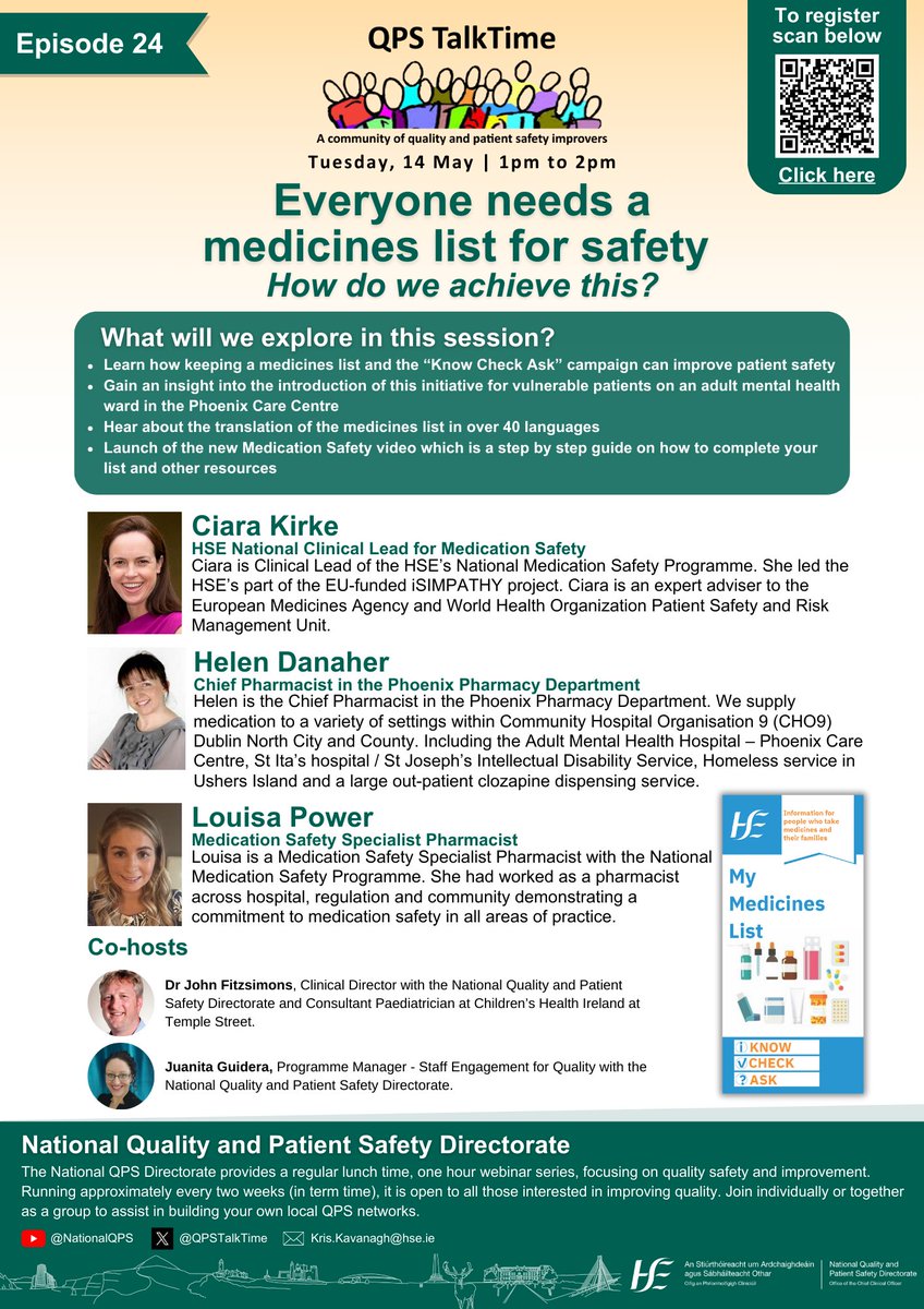 Do you have a medicines list?🤔 Join us on the next QPS TalkTime as we explore why everyone should have a medicines list and hear how you can achieve this🌟 Register at this link www2.healthservice.hse.ie/organisation/n…