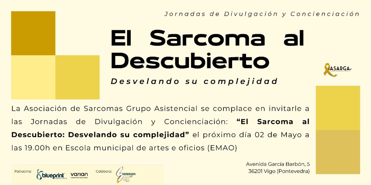 👉El Sarcoma al descubierto. Desvelando su complejidad. Jornadas de divulgación y concienciación. 📅2 MAYO ⏰19..00 hs en 📍Escuela Municipal de Artes y Oficios de Vigo. Participa @sergiocinza vocal de la JD de @semergenap Colabora SEMERGEN