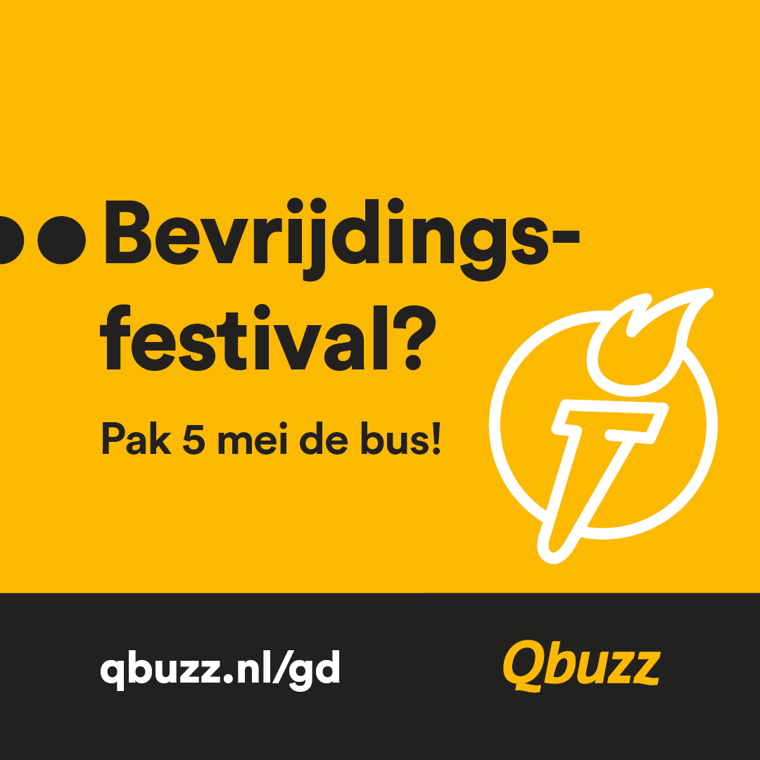 Op 5 mei rijden we de Zondagsdienstregeling. We rijden wél extra vaak met verschillende buslijnen tot 01:00 uur 's nachts, en brengen je veilig thuis 🚌. Ga naar qbuzz.nl/gd/5mei voor meer informatie.