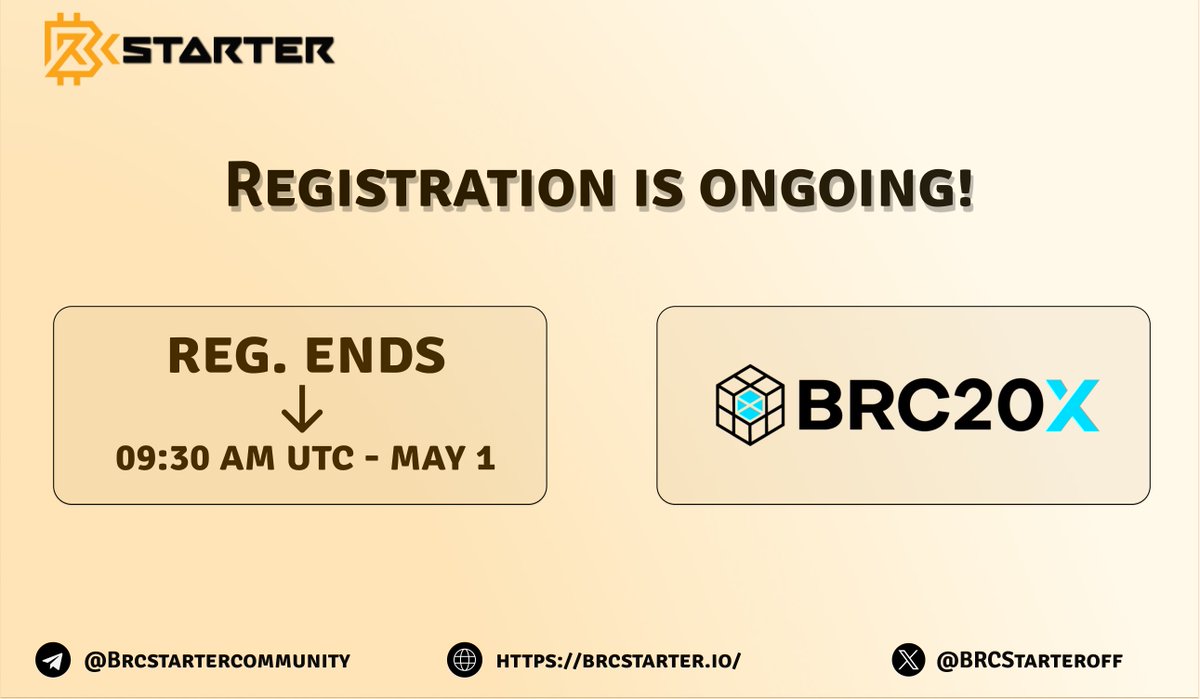 BRCStarters,

The registration for our @brc20x_io Flash Sale IDO is ongoing!

✅ Apply Here: app.brcstarter.io/pool/BRCX_FLASH

The registration will close today at 09:30 AM UTC and the sale will start 30 minutes after that!

📍IDO INFORMATION
- Guaranteed round opens: May 1, 2024 10:00…