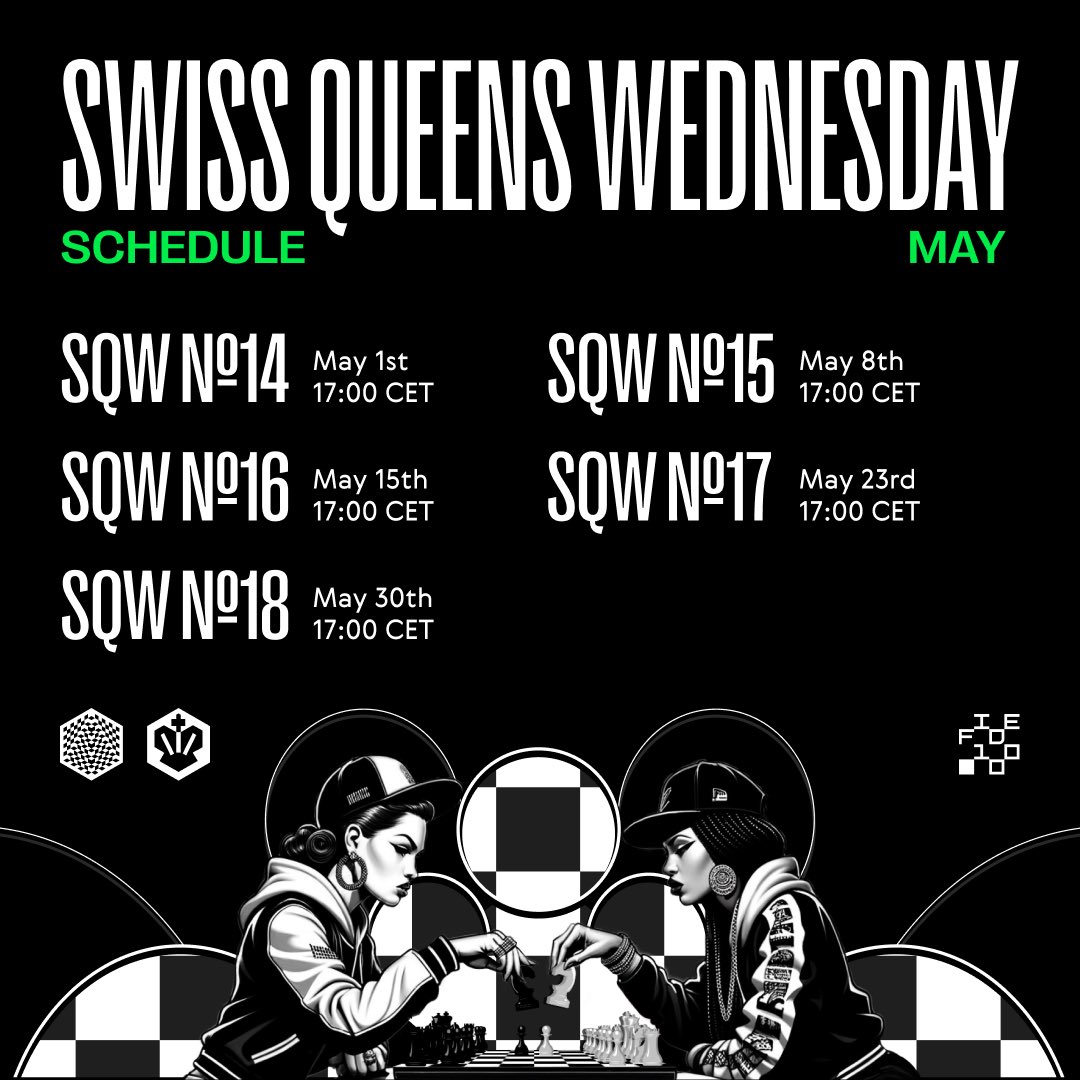 Don't miss out on any #QueensWednesday this month! 🤩 ♟️ Are you a female chess player who holds a FIDE or Arena title? Register now to participate in the 14th Swiss Queens Wednesday! When? 🗓️ May 1, 17:00 CET Where? 🌐 On the FIDE Online Arena Time Control: ⚡️ Blitz 3'+1'