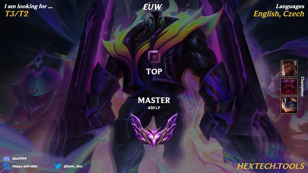 LFT  T3/T2

-20y.o.🇨🇿
-looking for competetive experiences
-don´t mind expanding champion pool
-dedicated, positive, never giving up

my opgg: op.gg/summoners/euw/…
#LFT