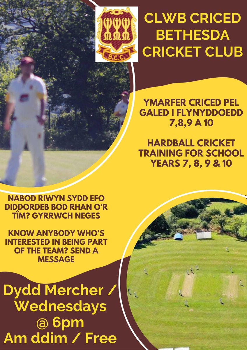 Bethesda CC (@cricedbethesda) on Twitter photo 🏏
Ymarfer pel galed i oedrannau dan 13 a dan 15 (blynyddoedd ysgol 7, 8, 9 a 10) yn <a href="/CricedBethesda/">Bethesda CC</a> bob nos Fercher am 6yh.
Croeso i chwaraewyr newydd o unrhyw brofiad a safon. Dim angen kit, bydd gan y clwb y kit.
Dewch draw i roi cynnig arni 👍🏻 Rhannwch y neges. 🏏
Ymarfer pel galed i oedrannau dan 13 a dan 15 (blynyddoedd ysgol 7, 8, 9 a 10) yn <a href="/CricedBethesda/">Bethesda CC</a> bob nos Fercher am 6yh.
Croeso i chwaraewyr newydd o unrhyw brofiad a safon. Dim angen kit, bydd gan y clwb y kit.
Dewch draw i roi cynnig arni 👍🏻 Rhannwch y neges.
